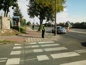 Policjant WRD obserwuje przejście dla pieszych i zachowanie kierowców.